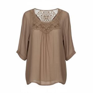 MAD STYLE Womens Boho Blouse Large Brown Crochet Lace Sheer Peasant Top Festival